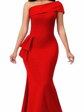 Red One-Shoulder Mermaid Evening Gown with Side Ruffle